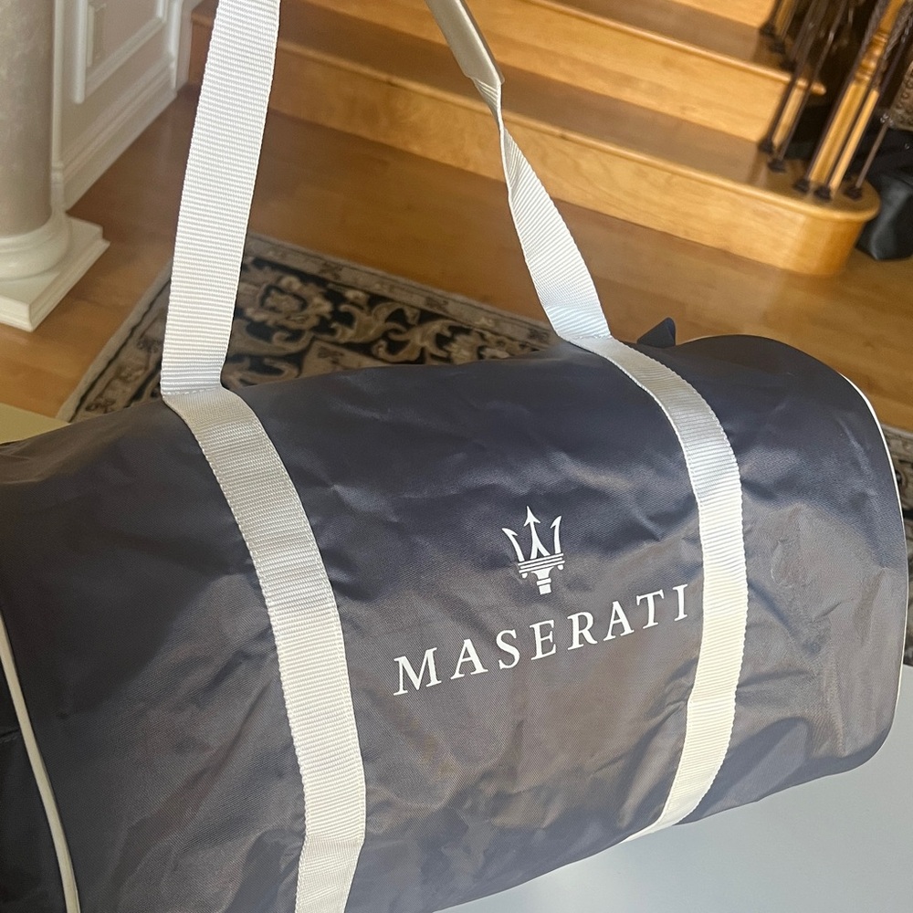 Gray Duffel Bag with Cream Straps